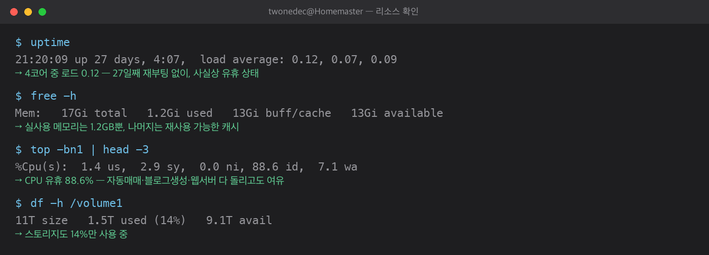 NAS 리소스 확인 — uptime, 메모리, CPU, 스토리지